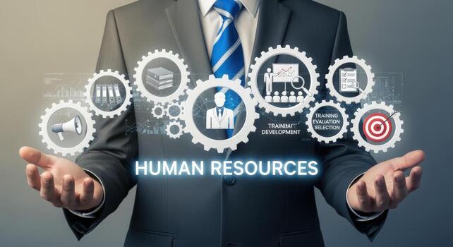 Professional presenting HR strategy with gear graphics